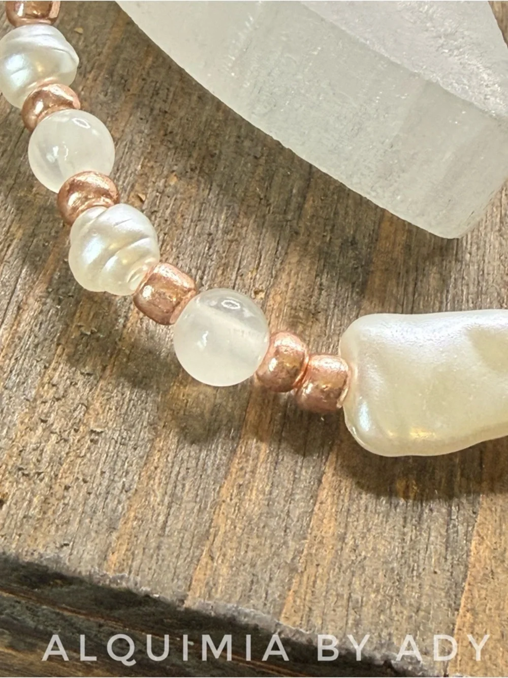 6mm Selenite beaded handmade bracelet with pearl accents and rose gold